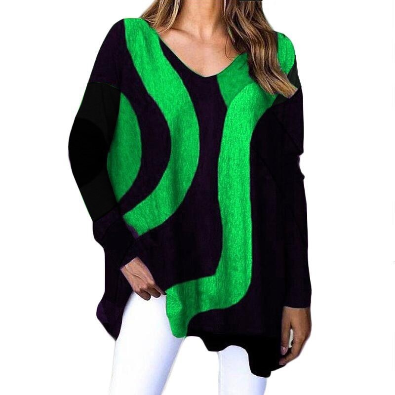 Striped Long Sleeve Printed T-Shirt Fashion V-Neck Streetwear Ladies Large Size Casual Top - MERGE.DAY.1.FREESTYLE