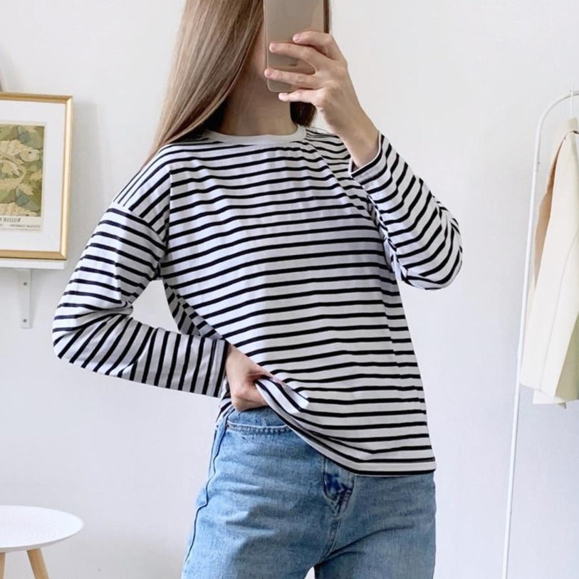Women Striped Long Sleeve T-shirts Female Streetwear Autumn Spring Cotton Tees Tops - MERGE.DAY.1.FREESTYLE