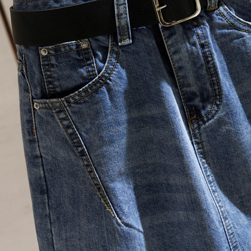 Denim Skirts with Belt Casual Loose High Waist Mid Length Skirts - MERGE.DAY.1.FREESTYLE
