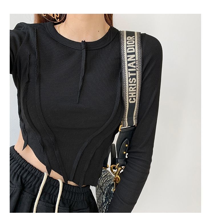Skinny Crop Tops Women Irregular Oblique Edge T-shirts Female Crewneck Long Sleeve - MERGE.DAY.1.FREESTYLE