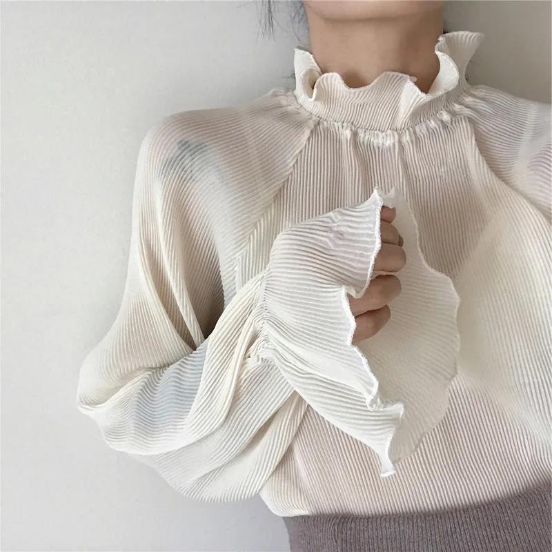 Chiffon Shirts Retro Elegant Ruffled Collar Lace Bottoming Shirt Women Lantern Sleeve Tops - MERGE.DAY.1.FREESTYLE