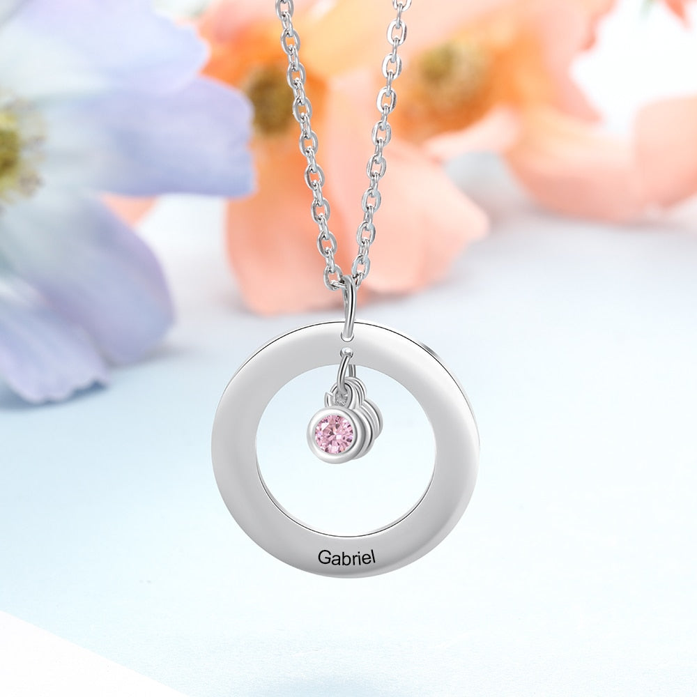 Circle Necklace with 1-3 Birthstones Custom Round Pendant Name Necklace - MERGE.DAY.1.FREESTYLE