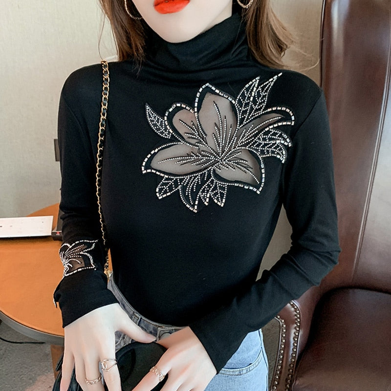 Women's Tops Shirt Casual Turtleneck Long Sleeve Hollow Out Hot Drilling Mesh T-Shirt - MERGE.DAY.1.FREESTYLE