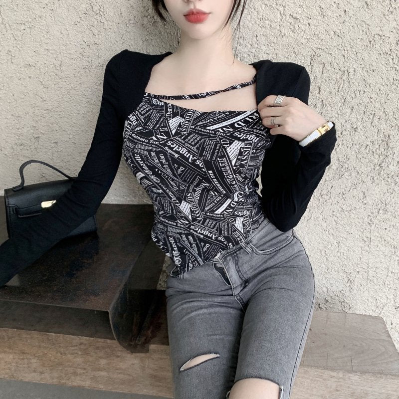 Letter Printed T-shirt Women Fake Two-piece Sexy Slim Long Sleeved Tops Female Cropped Tops - MERGE.DAY.1.FREESTYLE