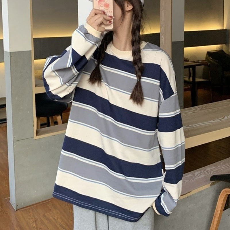 Rainbow Striped Women T Shirts Harajuku Fashion Tops Long Sleeves Oversize Tshirt O-Neck - MERGE.DAY.1.FREESTYLE