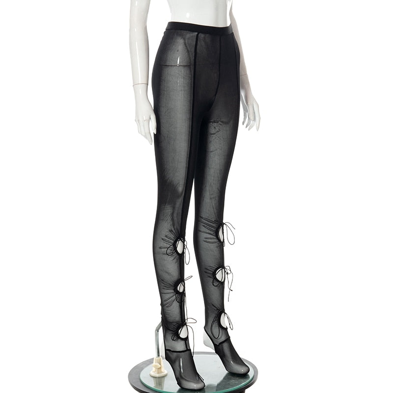Mesh Solid Bandage High Waist Leggings Bodycon - MERGE.DAY.1.FREESTYLE