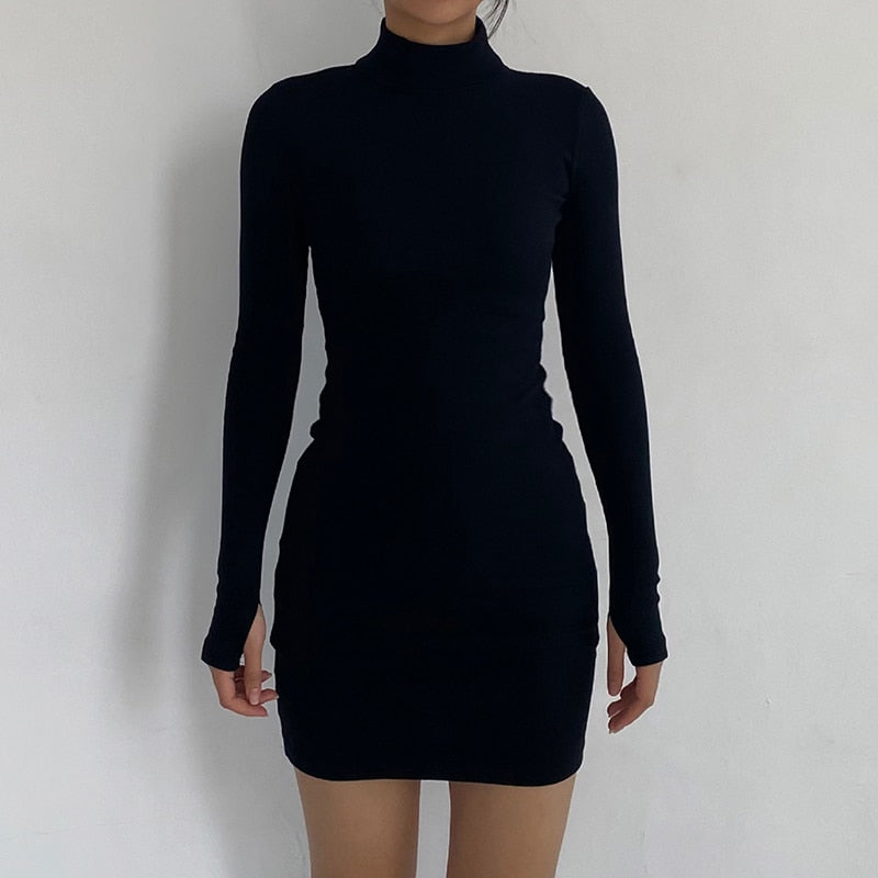 Spring Autumn Fashion Turtleneck Skinny Mini Dress Women Rib Knit Keep Warm Long Sleeve Dress - MERGE.DAY.1.FREESTYLE