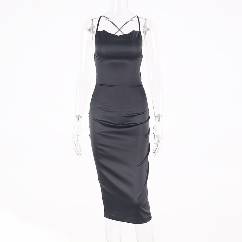 neon satin lace up 2022 summer women bodycon long midi dress sleeveless backless elegant party - MERGE.DAY.1.FREESTYLE