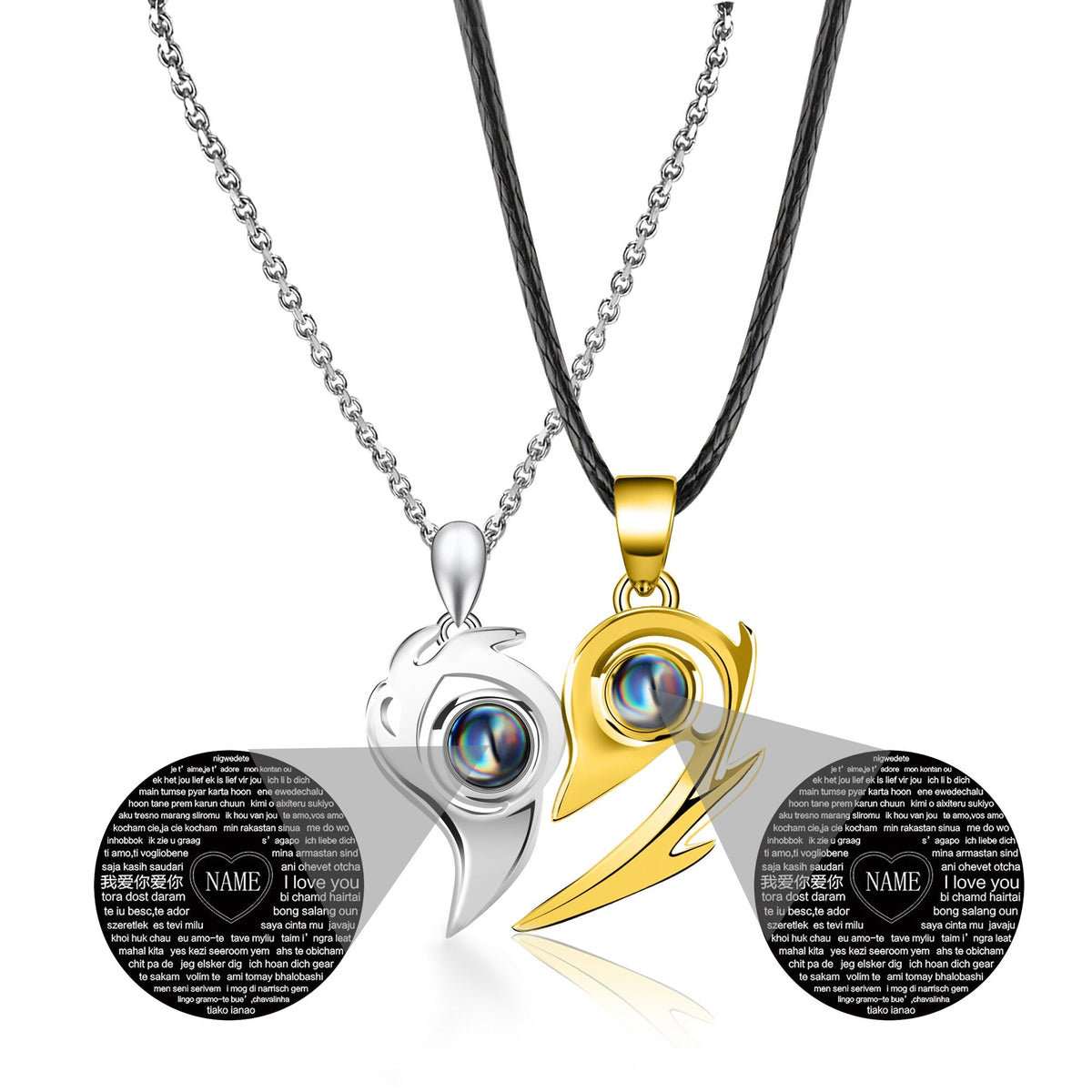 One Pair Magnetic Flame Heart Shaped Custom 100 languages Name Projection Couples Necklaces - MERGE.DAY.1.FREESTYLE