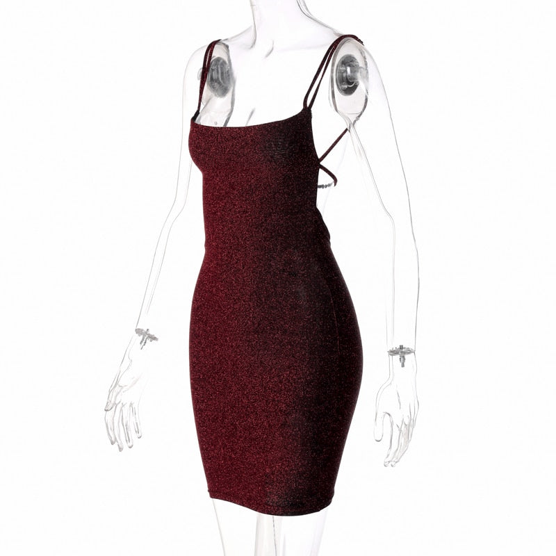 Bling Glitter Sequin Women Strap Mini Dress Ruched Lace Up Backless Bodycon - MERGE.DAY.1.FREESTYLE