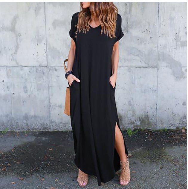 Plus Size 5XL Sexy Women Dress Summer 2022 Solid Casual Short Sleeve Maxi Dresses - MERGE.DAY.1.FREESTYLE