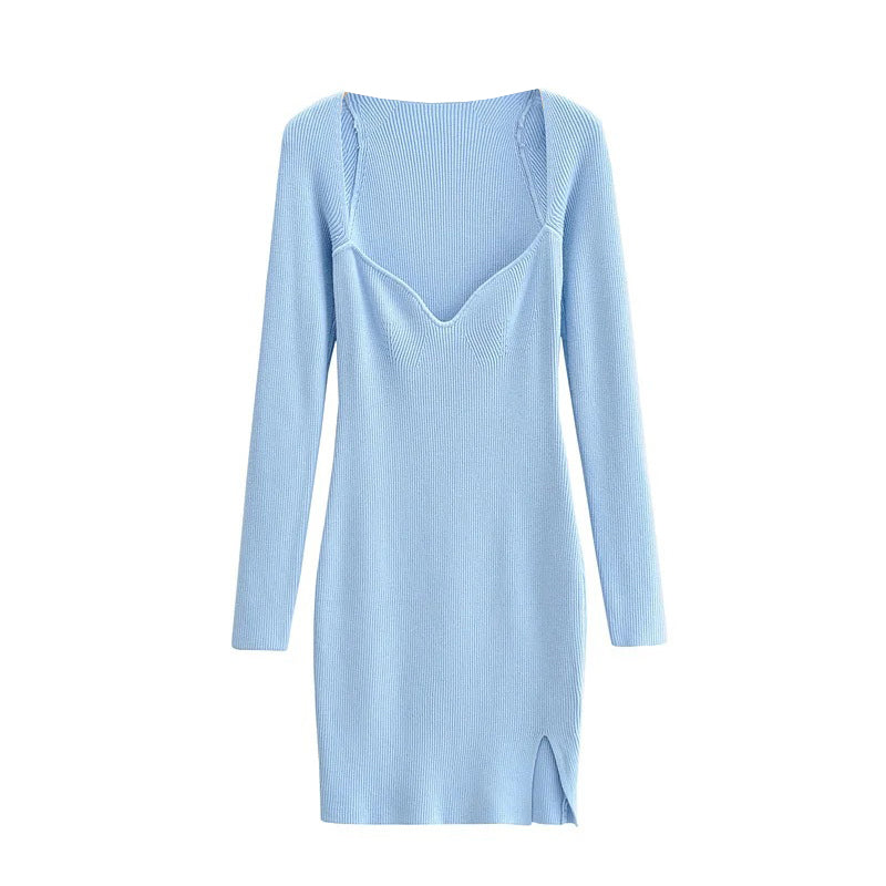Aproms Elegant Square Neck Ribbed Knitted Dresses Women Long Sleeve High Stretch Bodycon - MERGE.DAY.1.FREESTYLE