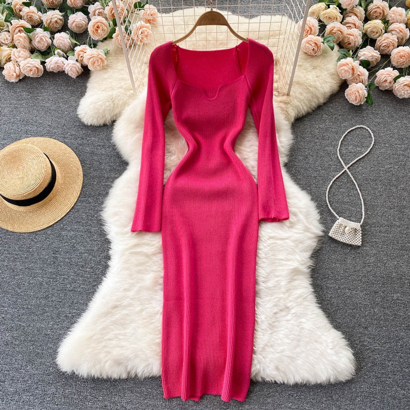 Strapless Ribbed Knitted Bodycon Dress Women Winter Long Sleeve Midi Sweater Dress - MERGE.DAY.1.FREESTYLE