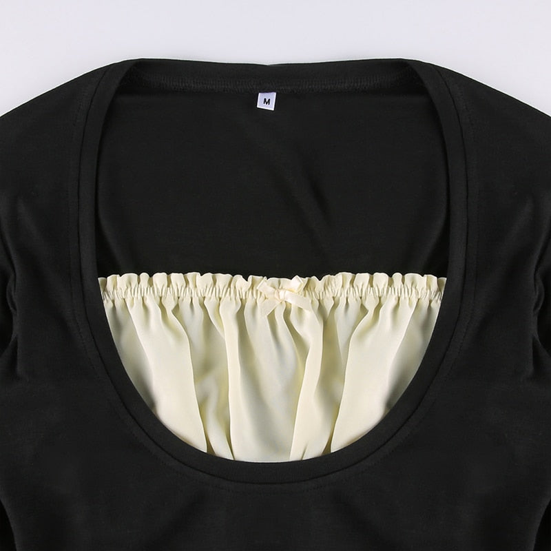 Patchwork Slim Tops Tee Long Sleeves Square Collar Retro Casual Tshirts - MERGE.DAY.1.FREESTYLE