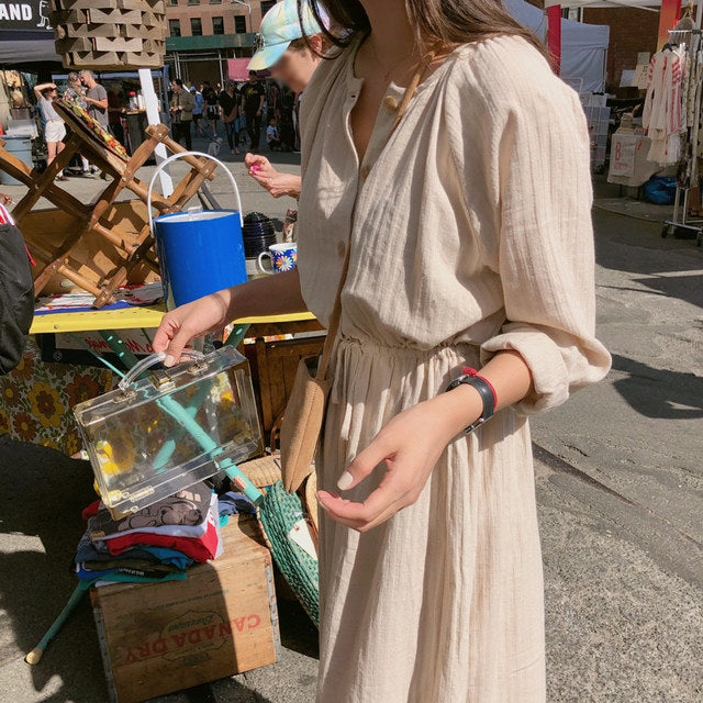 Long Shirt Dress Women Cotton Round Collar Slim Waist Drawstring Solid Color Sundress - MERGE.DAY.1.FREESTYLE