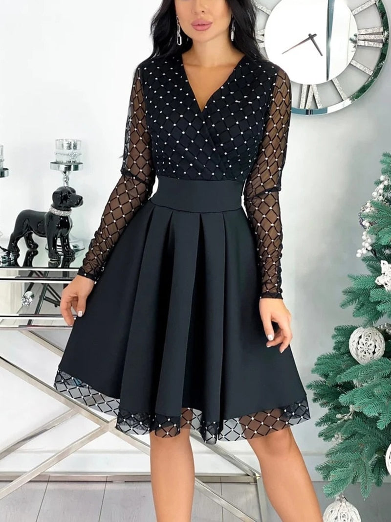 Shiny Sequin Diamond Mesh Stitching Dress Women Spring Autumn Sheer Long Sleeve Belted Slim A Line Dresses - MERGE.DAY.1.FREESTYLE