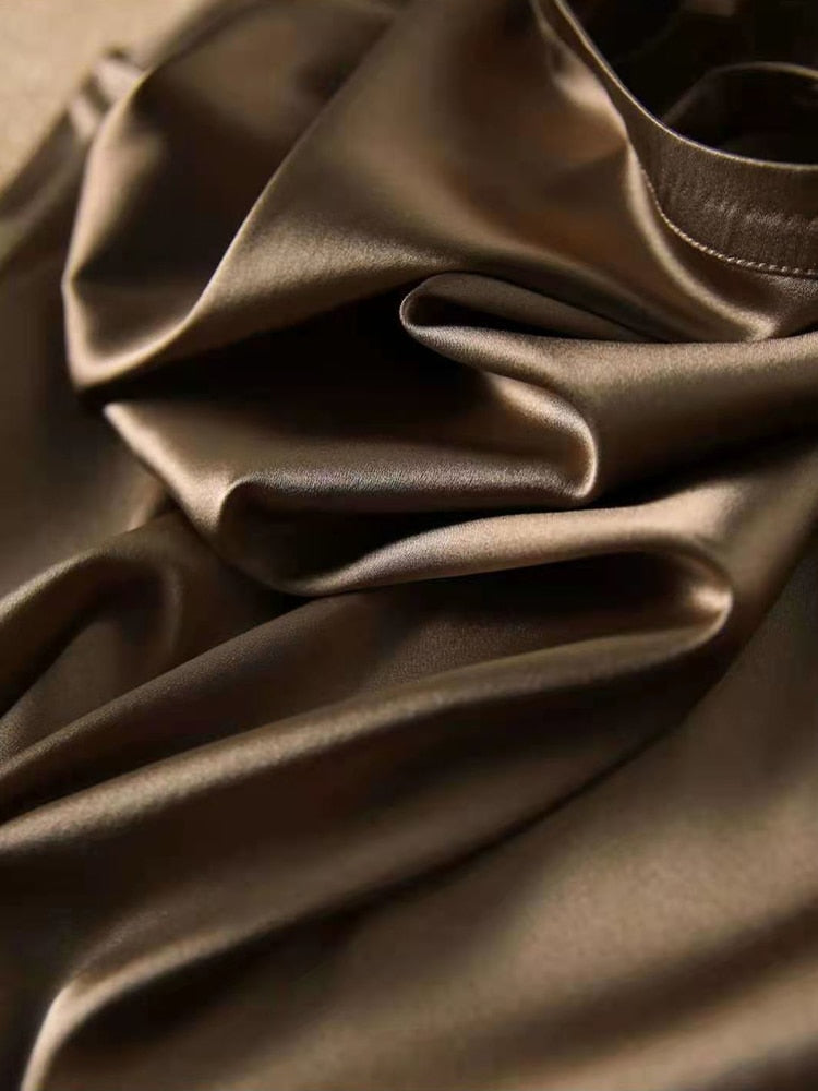 Silk Thin Short Sleeve Tees Style Slip Woman Summer Clothes Brown Tops Solid Loose Casual - MERGE.DAY.1.FREESTYLE