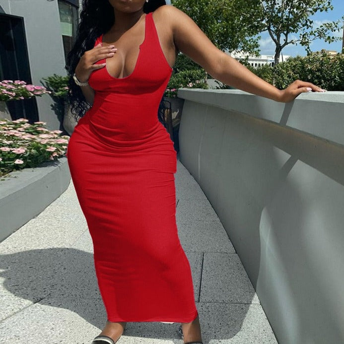 Ribbed Knitted Stripe Women Pure Sleeveless Midi Dress V Neck Bodycon Elegant 2022 Summer - MERGE.DAY.1.FREESTYLE