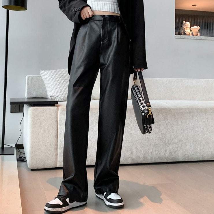 Loose PU Leather Pants Ladies High Waist Straight Faux Leather Trousers - MERGE.DAY.1.FREESTYLE