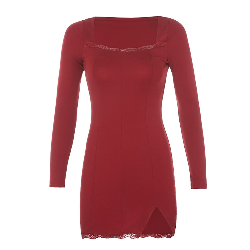 Square Neck Lace Patchwork Bodycon Black Dress Women Cotton Side Split Autumn Dress - MERGE.DAY.1.FREESTYLE