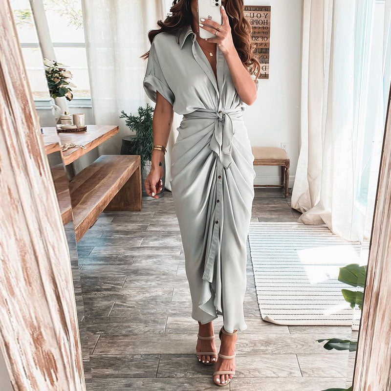 Women Summer Short Sleeve Slit Long Dress Turn-down Collar Elegant Button Draped Party Dresses - MERGE.DAY.1.FREESTYLE