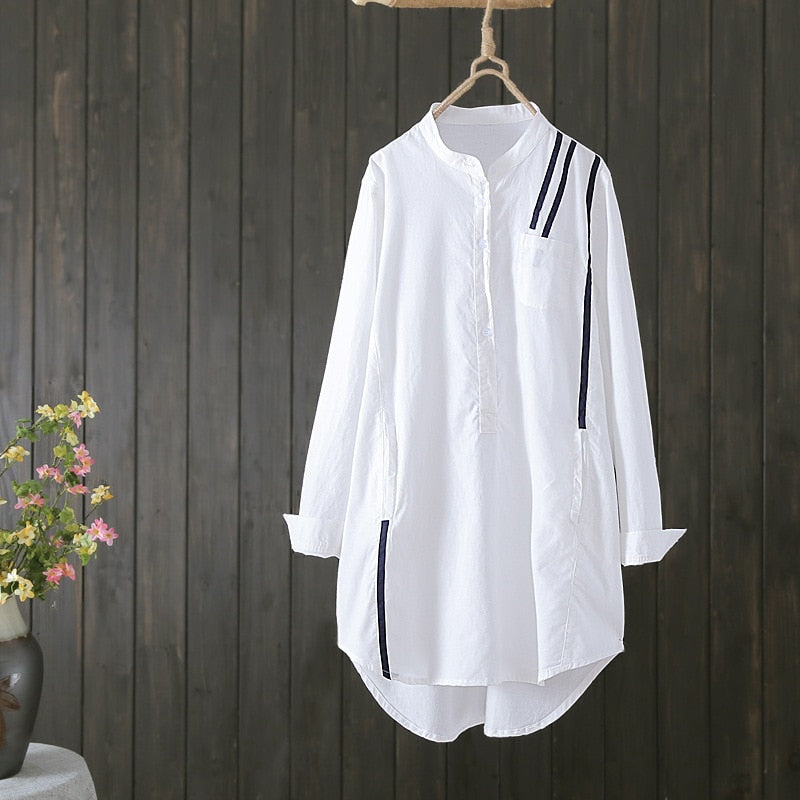 Women Cotton Blouse Long Sleeve Stripe Shirt Office Lady Casual Wear Over-sized Loose Top - MERGE.DAY.1.FREESTYLE