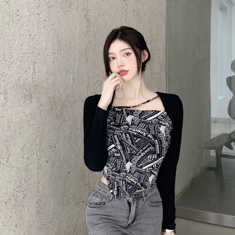Letter Printed T-shirt Women Fake Two-piece Sexy Slim Long Sleeved Tops Female Cropped Tops - MERGE.DAY.1.FREESTYLE
