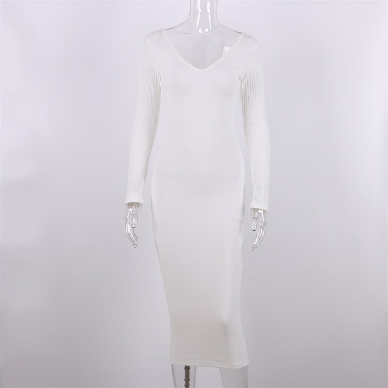 Sexy Bodycon Midi Woman Dress Knitted Long Sleeve V Neck Party Elegant Robe Women's Dresses - MERGE.DAY.1.FREESTYLE