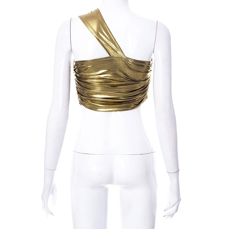 Sexy Slant Shoulder Sleeveless Bodycon Crop Women Bright Ruched Cut Out Corset Top 2022 Summer - MERGE.DAY.1.FREESTYLE
