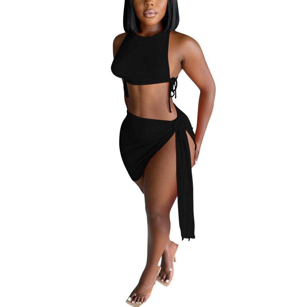 Knitted Ribbed Two Piece Set Bandage Crop Top Bodycon Mini Skirts Beachwear Outfits Summer - MERGE.DAY.1.FREESTYLE