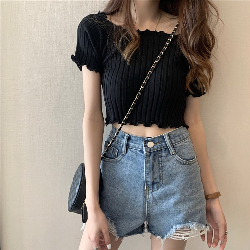 Women Off Shoulder T-shirts Knitted Ruffles Hem Crop Tops Short Sleeve T-shirts - MERGE.DAY.1.FREESTYLE