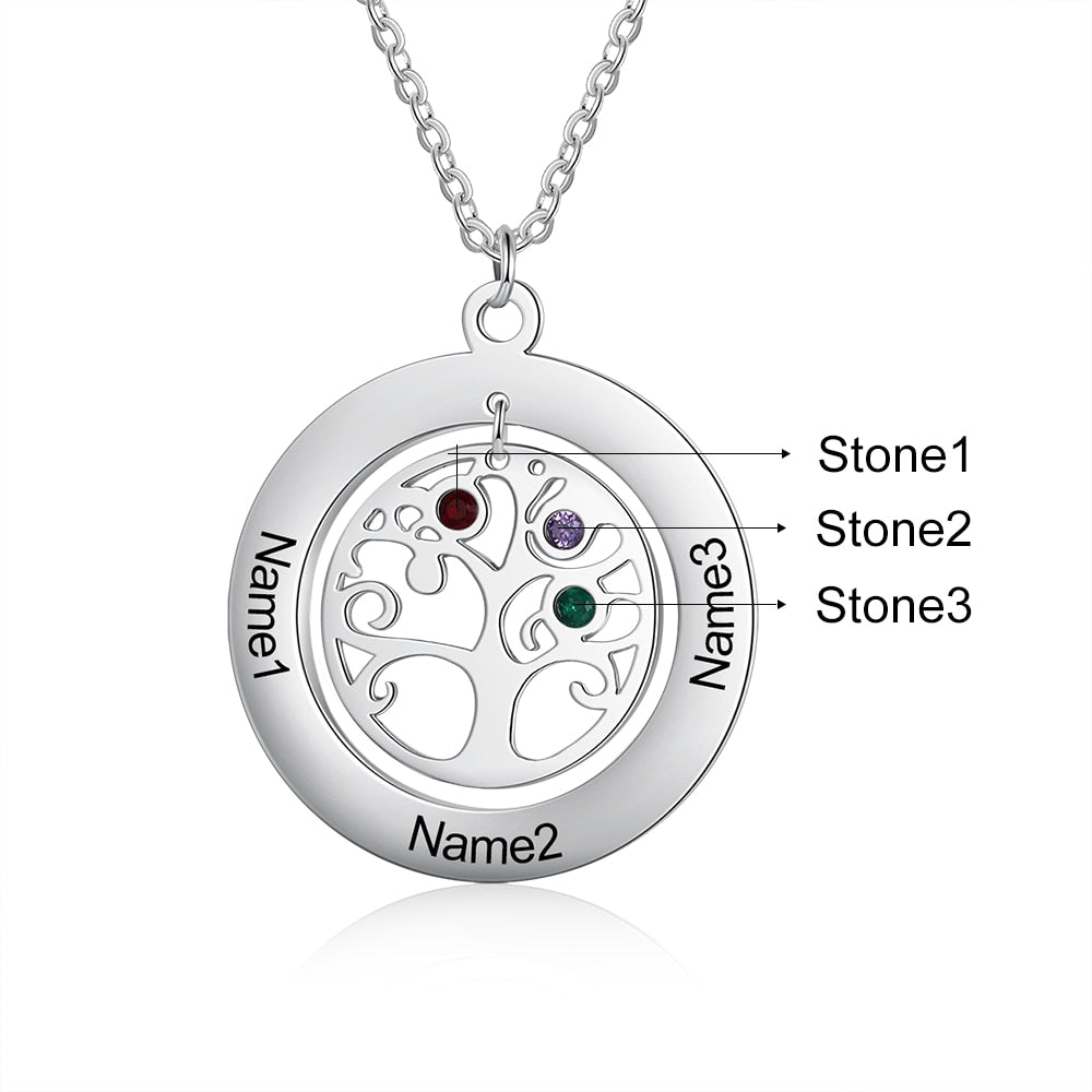 Tree of Life Name Necklace with Birthstone Name Engraved Pendant Family - MERGE.DAY.1.FREESTYLE