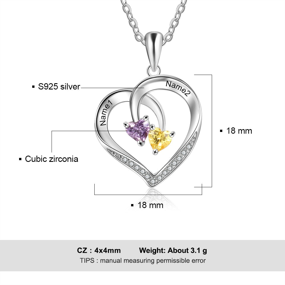 Personalized Heart Necklace with 2 Birthstones Engraved Name Couple Necklace - MERGE.DAY.1.FREESTYLE