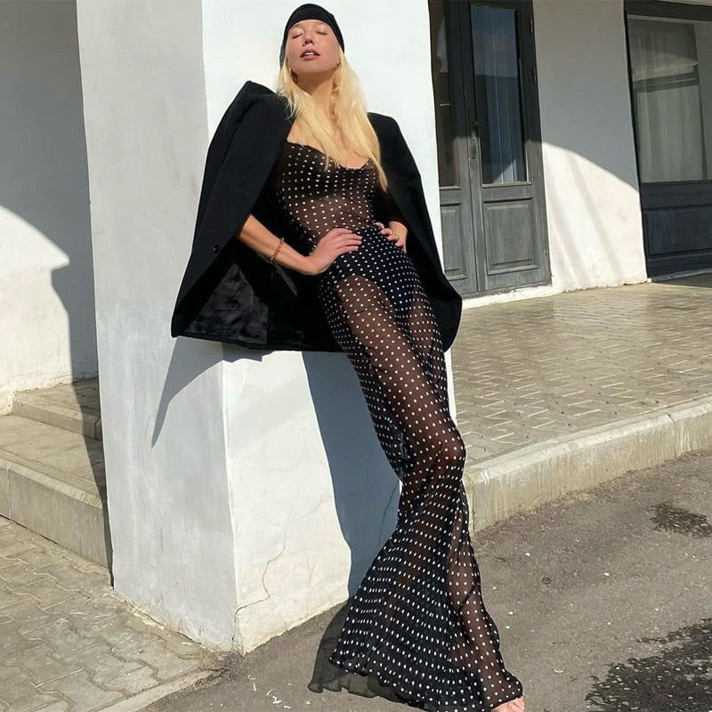 Sleeveless Zip Up Bandage Point Print Mesh See-Through Maxi Dress Sexy Clothings - MERGE.DAY.1.FREESTYLE