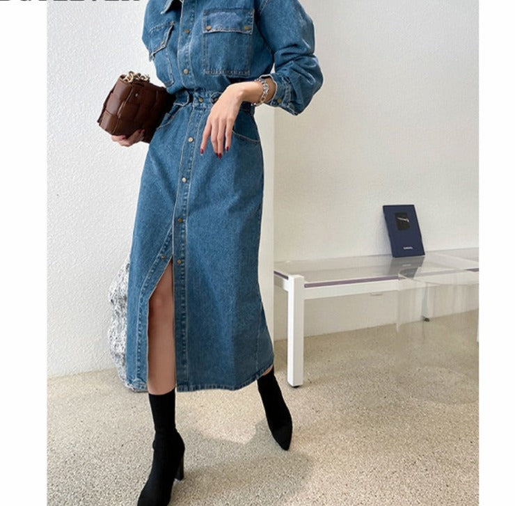 Denim Dress Full Sleeve Single-breasted Pockets Slim Waist Mid-length - MERGE.DAY.1.FREESTYLE