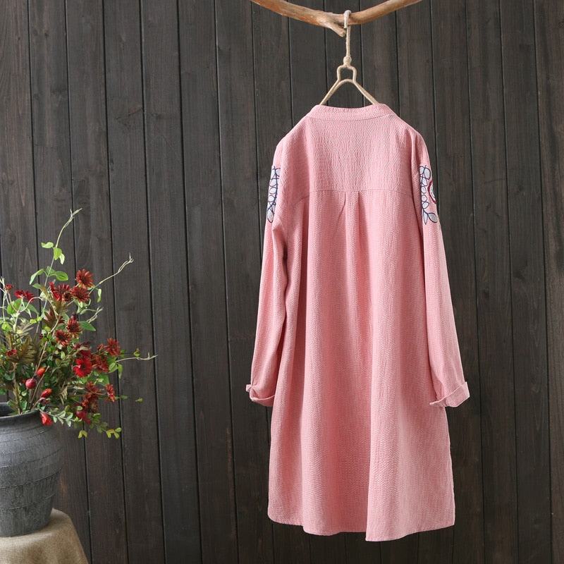 Women White Shirt 100% Cotton Embroidery Long Sleeve Button Up Blouse Loose Office Top - MERGE.DAY.1.FREESTYLE