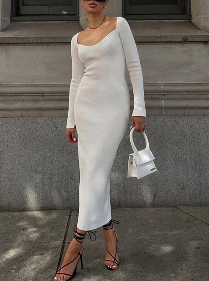 2022 Knitted Green Midi Sexy Bodycon Women Dress Spring Long Sleeve Off Shoulder Split Sweater Dresses - MERGE.DAY.1.FREESTYLE