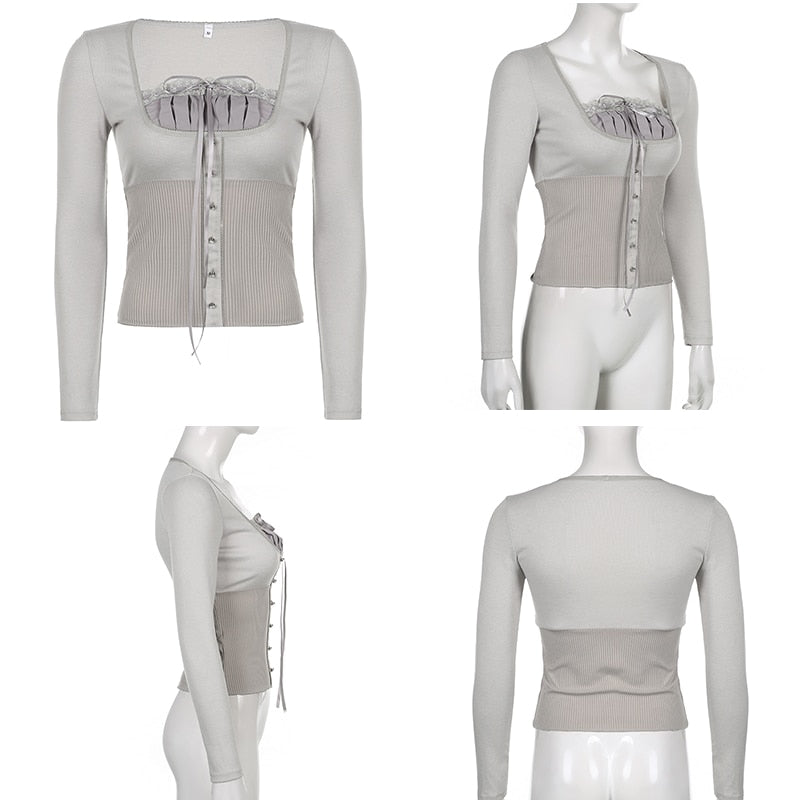 Sweet Cute Crop Top Lace Frill Bow Pullovers Vintage Square Collar T Shirt - MERGE.DAY.1.FREESTYLE