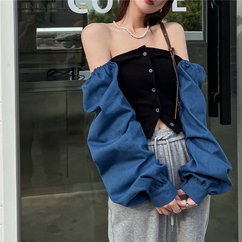 Patchwork Denim Shirts Women French Square Collar Puff Blouses Long Sleeve Crop Tops - MERGE.DAY.1.FREESTYLE