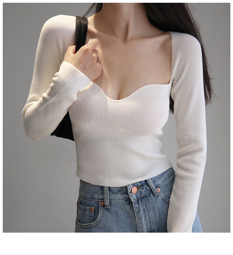 French Vintage Square Neck Knitted Tops Women Skinny Long Sleeve Pullover T-shirts Female - MERGE.DAY.1.FREESTYLE
