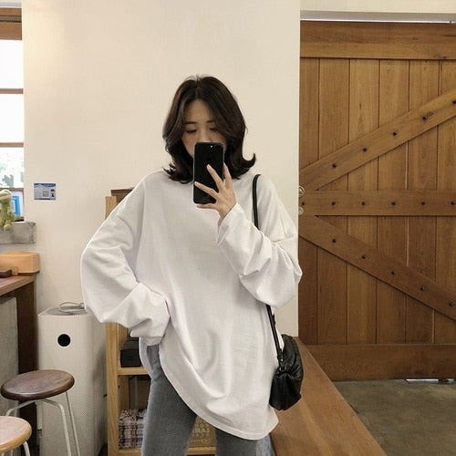 spring autumn Solid long Sleeve oversized tshirt harajuku long T Shirt Women kawaii T-shirts - MERGE.DAY.1.FREESTYLE