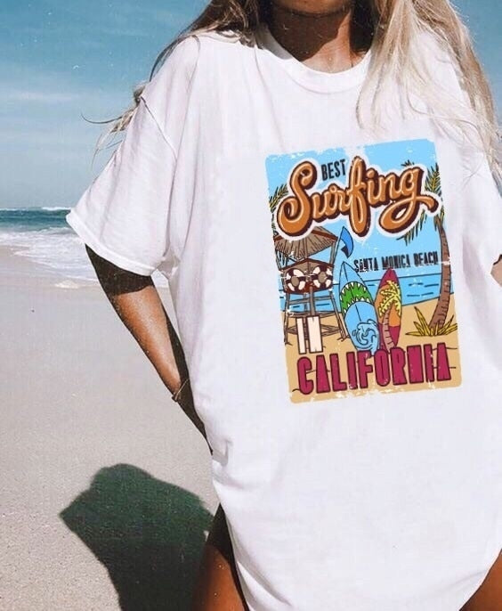 1pcs WHITE Tees Summer Casual Oversized Tee Best Surfing Santa Monica California Womens Retro Style - MERGE.DAY.1.FREESTYLE