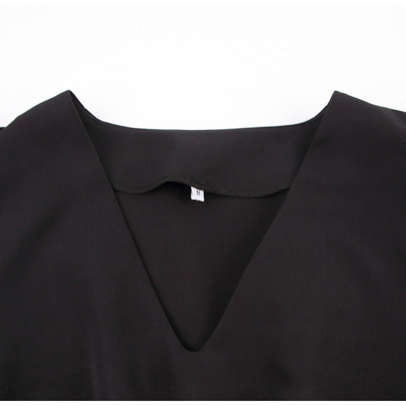 black short sleeve summer women dress 2022 Sexy V-neck solid High Street dress A-line mini Vestido - MERGE.DAY.1.FREESTYLE