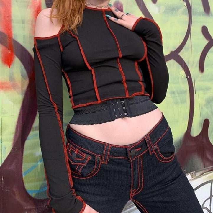 Goth Hollow Out Fashion Tshirt Women Long Sleeve Crop Top T Shirt Punk Streetwear Gothic Tee - MERGE.DAY.1.FREESTYLE