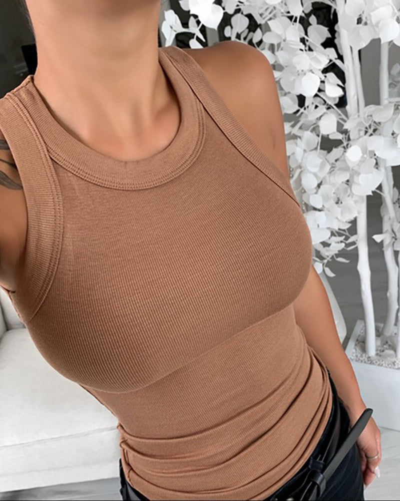 Women Solid Round Neck Ribbed Tank Top Camisole Women Summer Basic Elastic Tank Top - MERGE.DAY.1.FREESTYLE