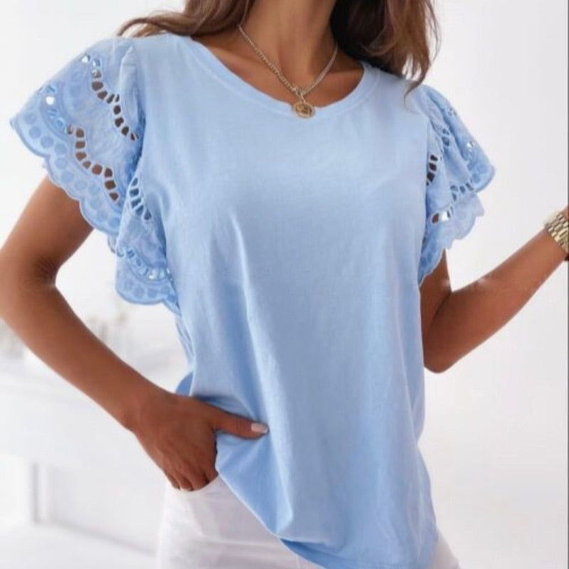 Women Hollow Out Stitching T-Shirt Casual O-Neck Ruffle Short Sleeve Top Elegant Clothing - MERGE.DAY.1.FREESTYLE