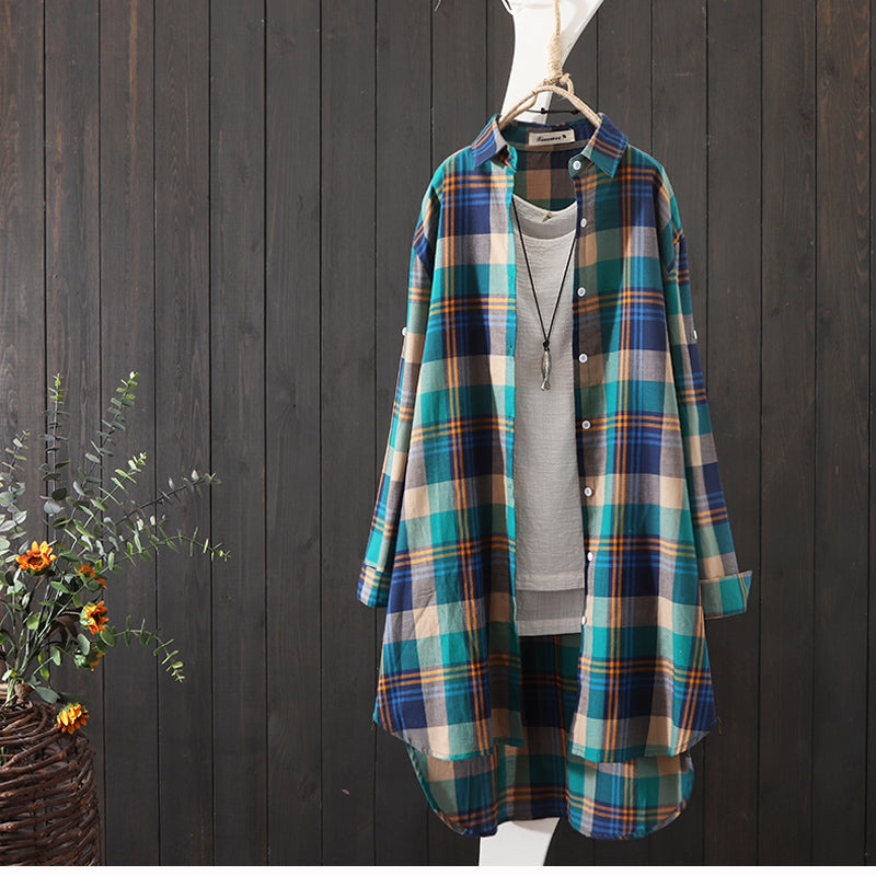 100% Cotton Plaid Shirt Long Sleeve Button Up Casua Loose Blouse Plus Size - MERGE.DAY.1.FREESTYLE