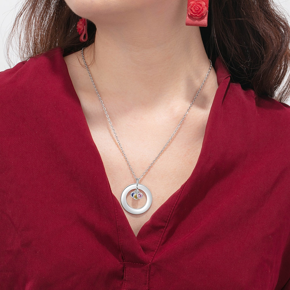 Circle Necklace with 1-3 Birthstones Custom Round Pendant Name Necklace - MERGE.DAY.1.FREESTYLE
