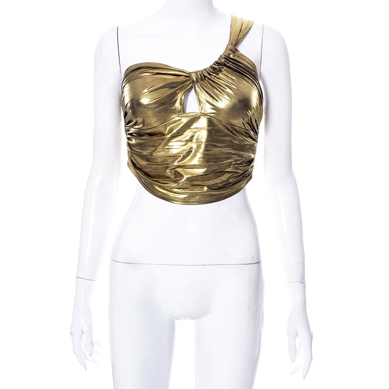 Sexy Slant Shoulder Sleeveless Bodycon Crop Women Bright Ruched Cut Out Corset Top 2022 Summer - MERGE.DAY.1.FREESTYLE