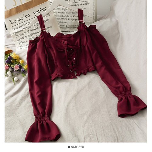 French Bandage Off Shoulder Ruffle Top Female Elegant Long Sleeve Shirt Y2k - MERGE.DAY.1.FREESTYLE